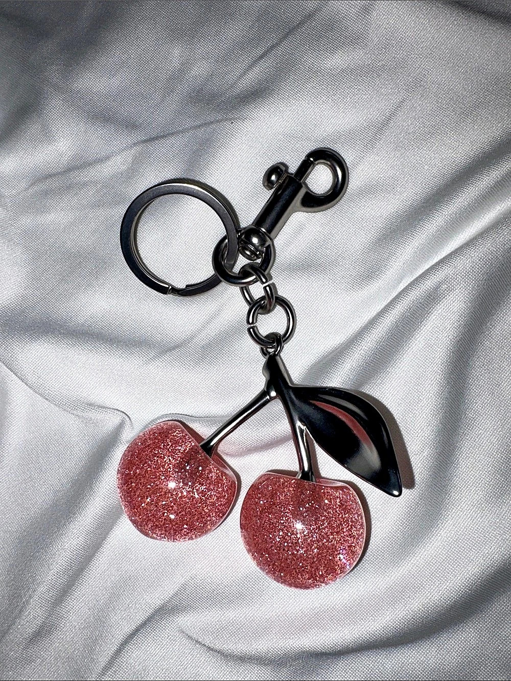 Cherry Bag Charm Glitter Cherries Pink & Silver